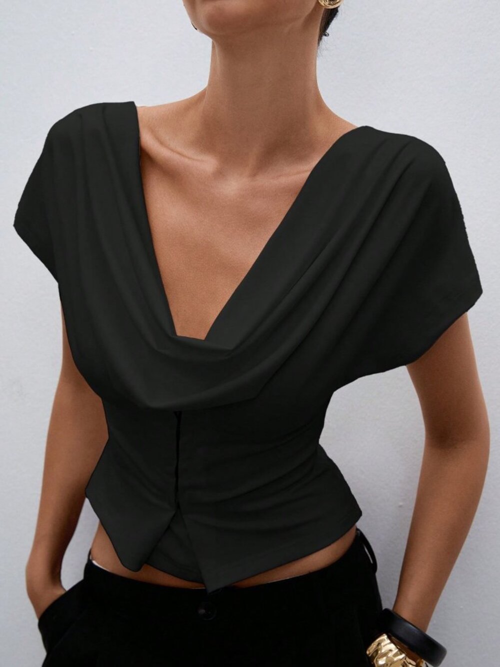 Black Casual Women's Sexy Plunging Neckline Top